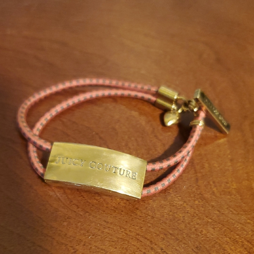 Juicy Couture Gold Painted Charm and Pink/Green Bungee Bracelet